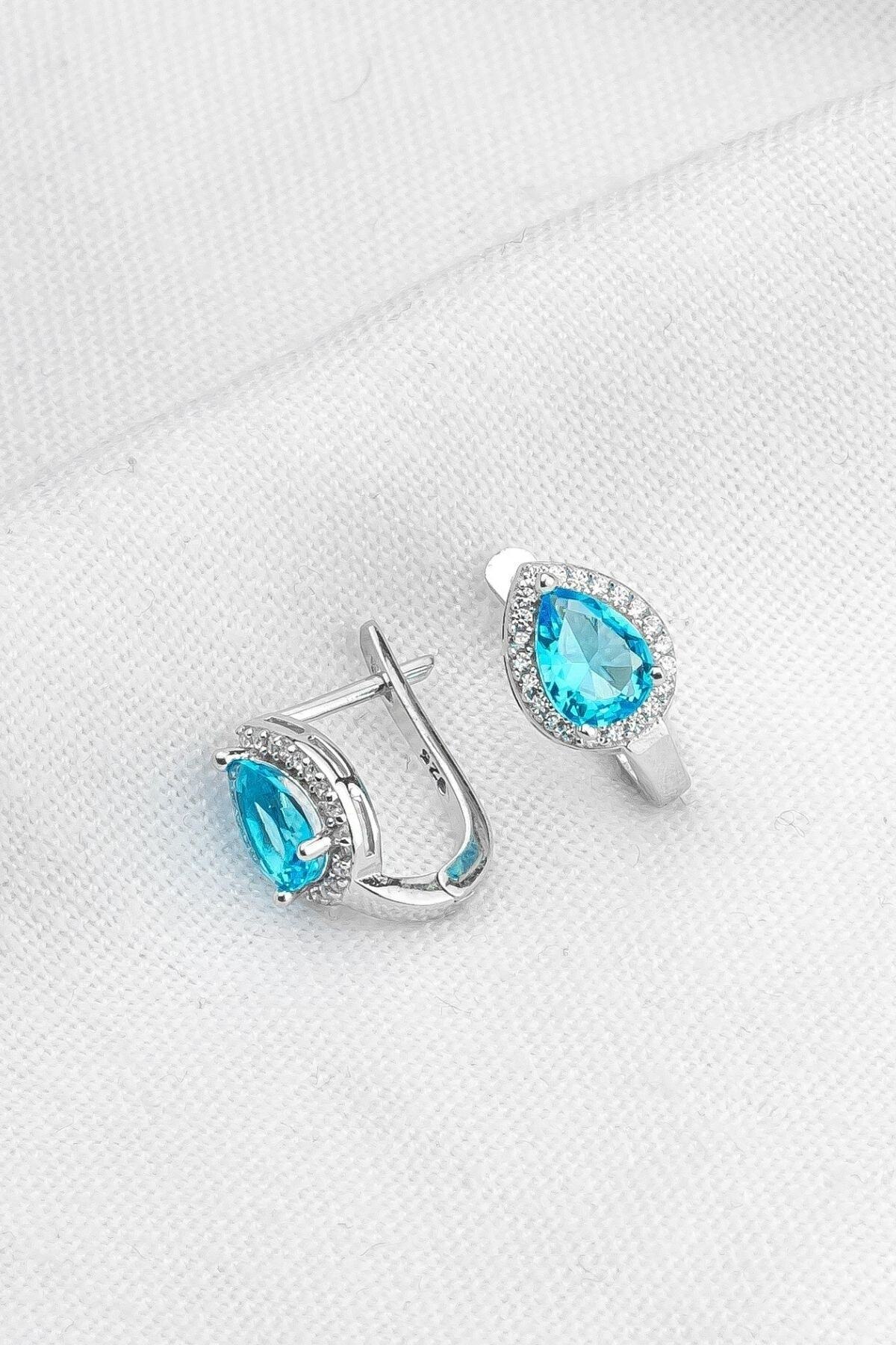 Gümüş Mavi Taşlı Damla Küpe