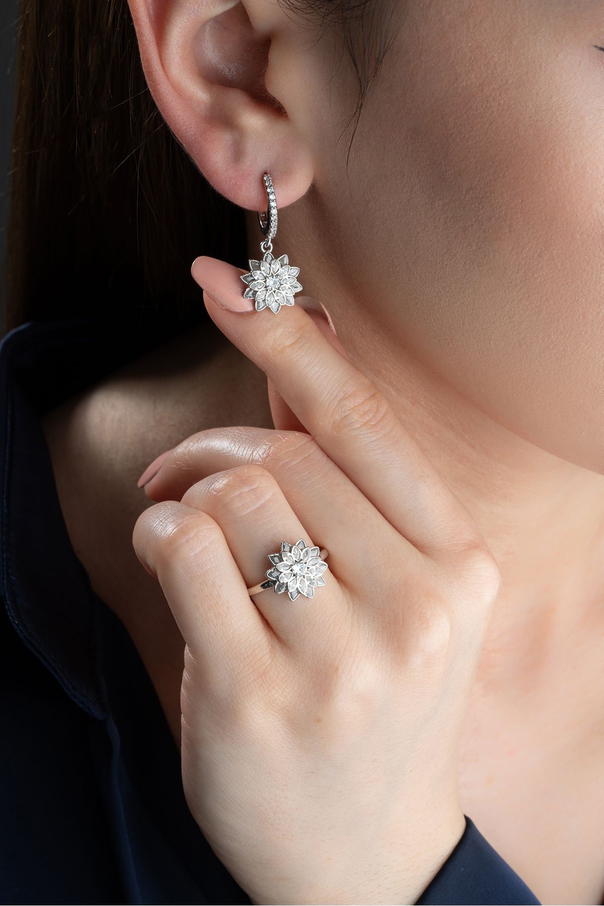 Gümüş Lotus Çiçeği Yüzük Küpe Seti