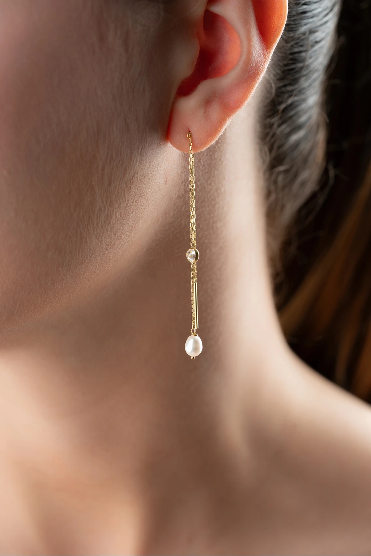 Gümüş İncili Taşlı Zincir Küpe