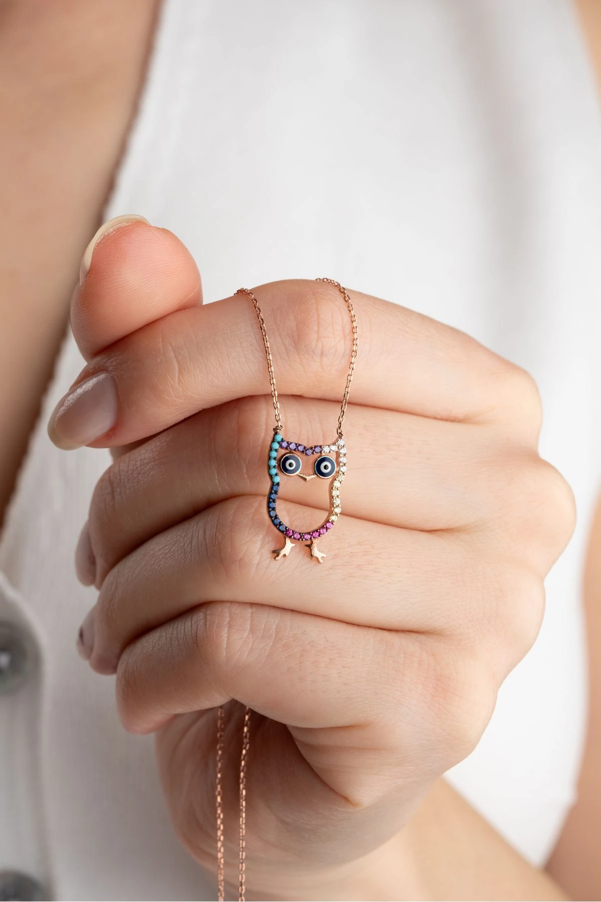 Gümüş Renkli Taşlı Baykuş Kolye