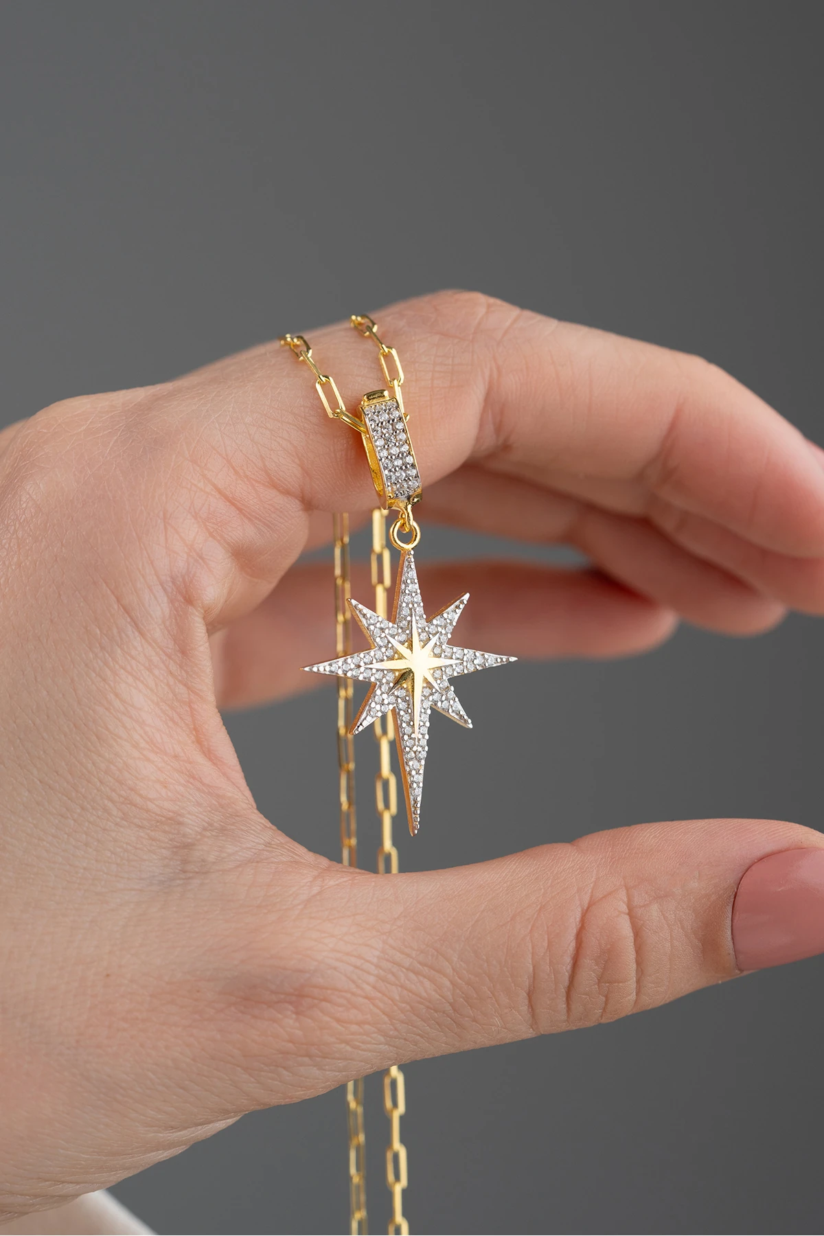 Gümüş Zirkon Taşlı Kutup Yıldızı Kolye