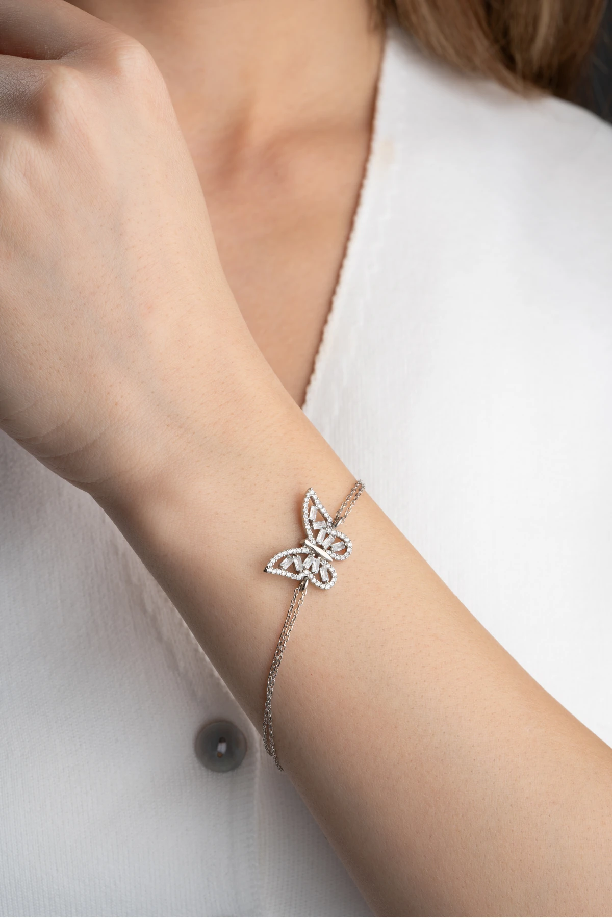 Gümüş Baget Taşlı Kelebek Bileklik