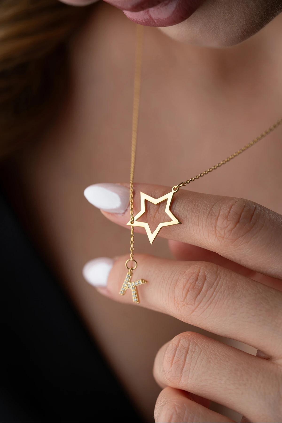 Gümüş Yıldız Detaylı Harf Kolye