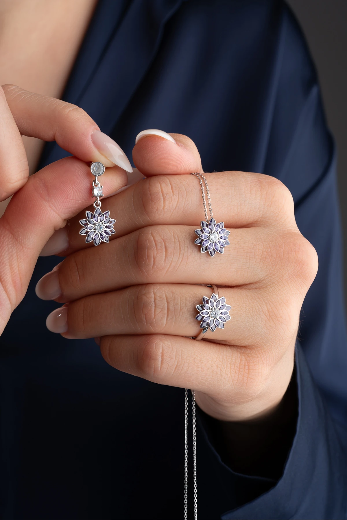 Gümüş Mor Tek Taşlı Lotus Takı (Kolye-Küpe-Yüzük) Seti