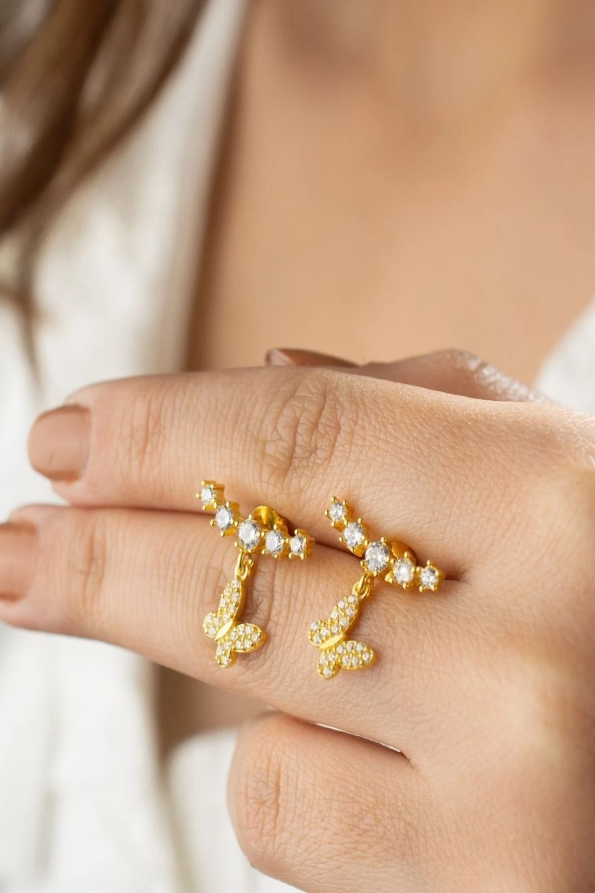 Gold 5 Taşlı Kelebek Gümüş Küpe