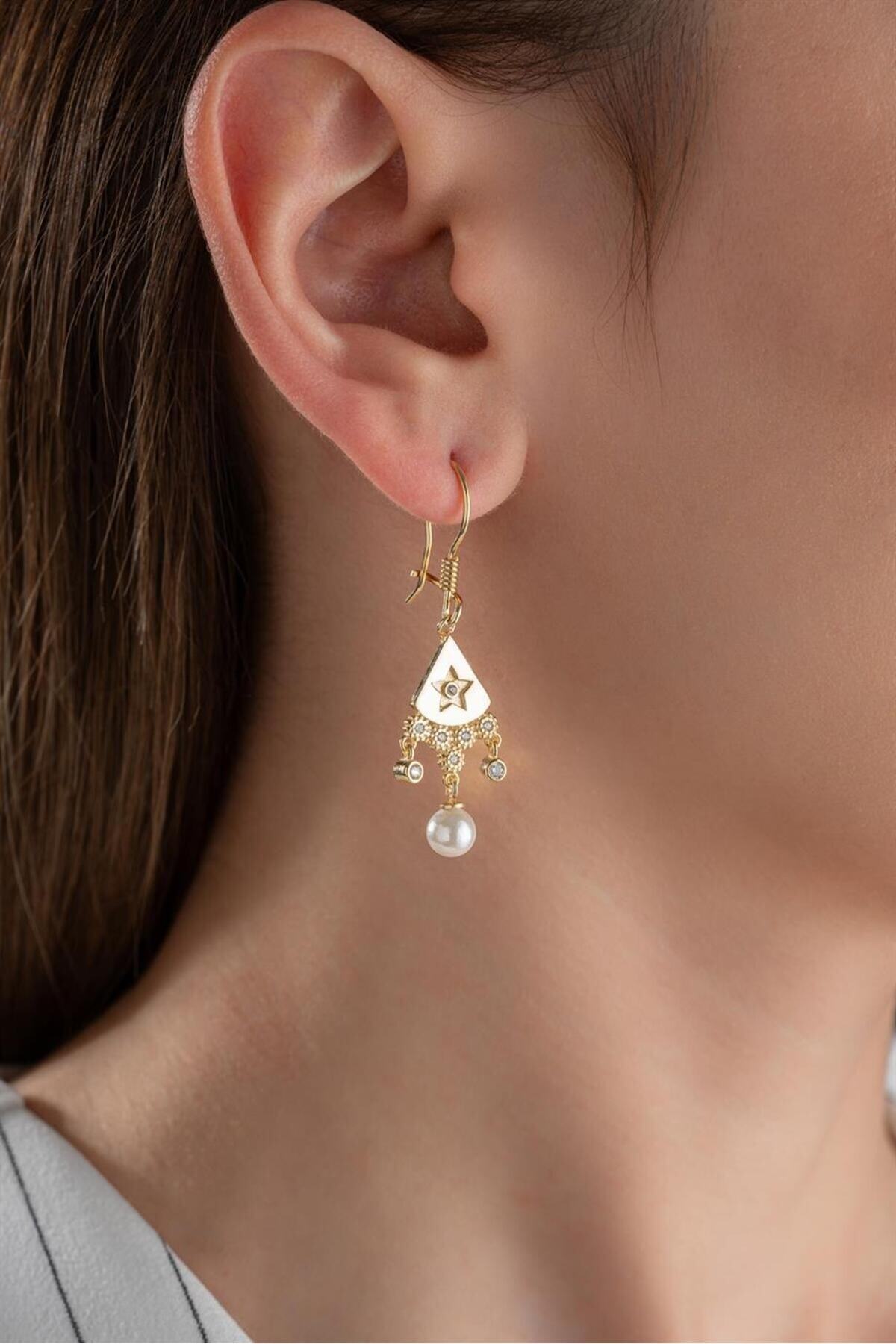 Gold Sallantılı İnci Gümüş Küpe