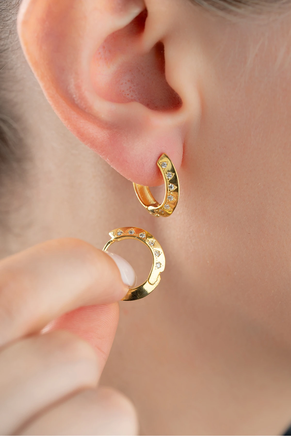 Gümüş Gold Zirkon Taşlı Halka Küpe