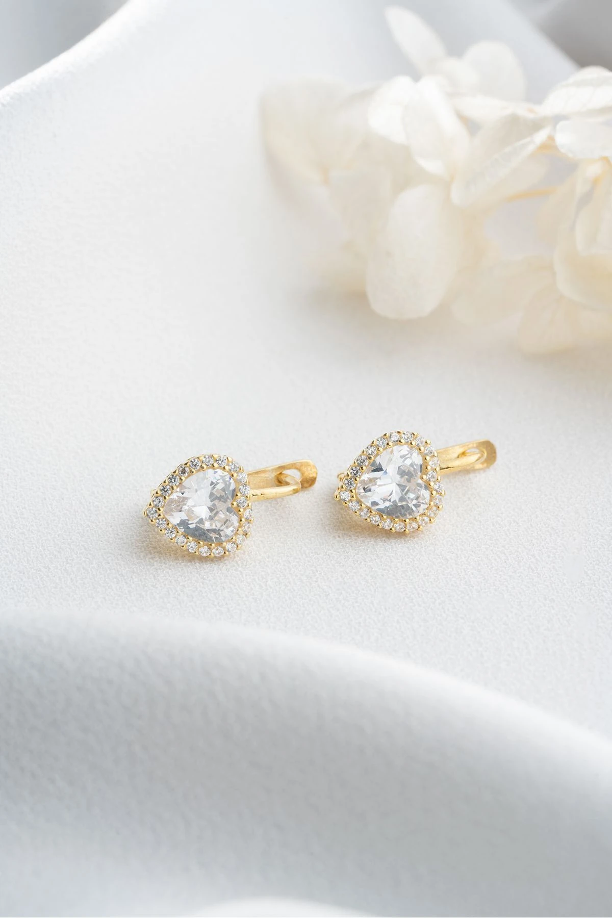 Gümüş Gold Zirkon Taşlı Kalp Küpe