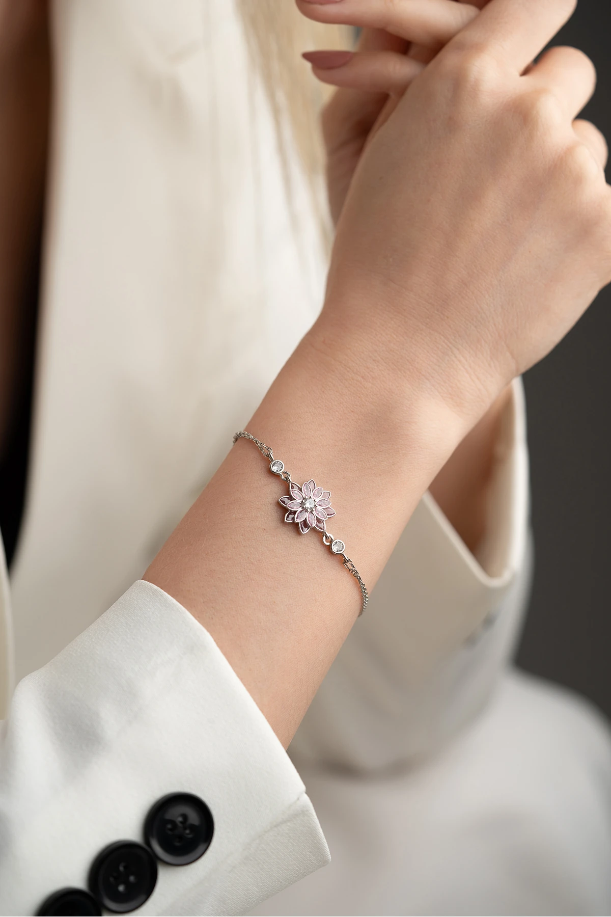 Gümüş Pembe Taşlı Lotus Bileklik