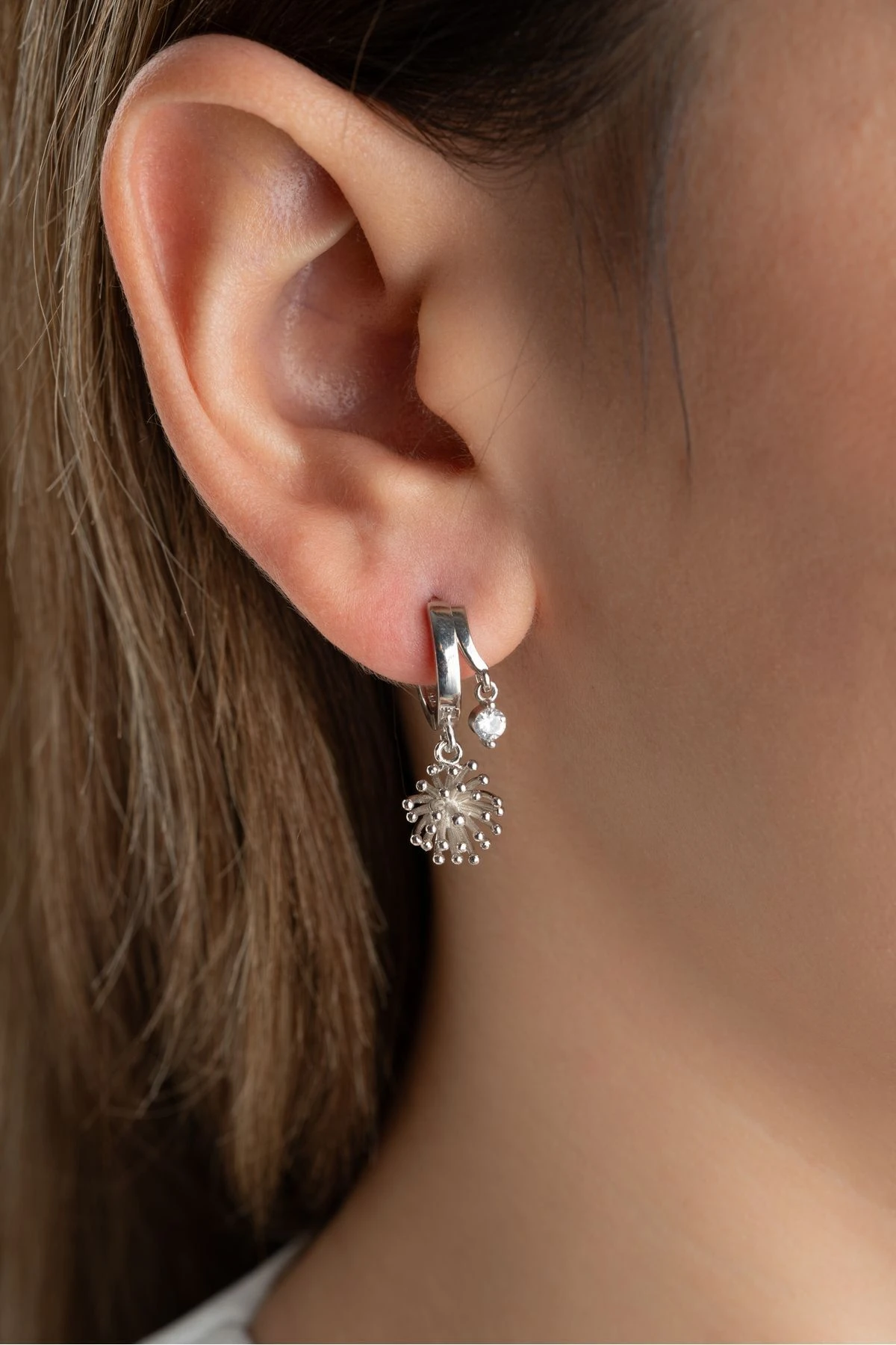 Gümüş Çift Taşlı Polen Küpe