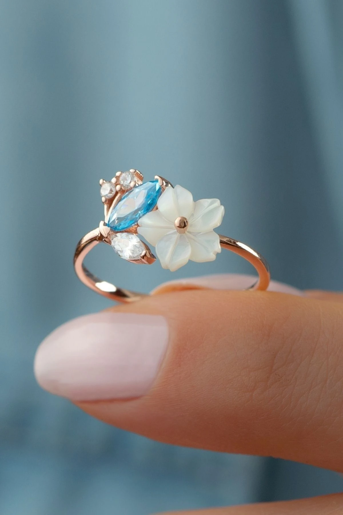 Gümüş Rose Sedefli Çiçek Yüzük