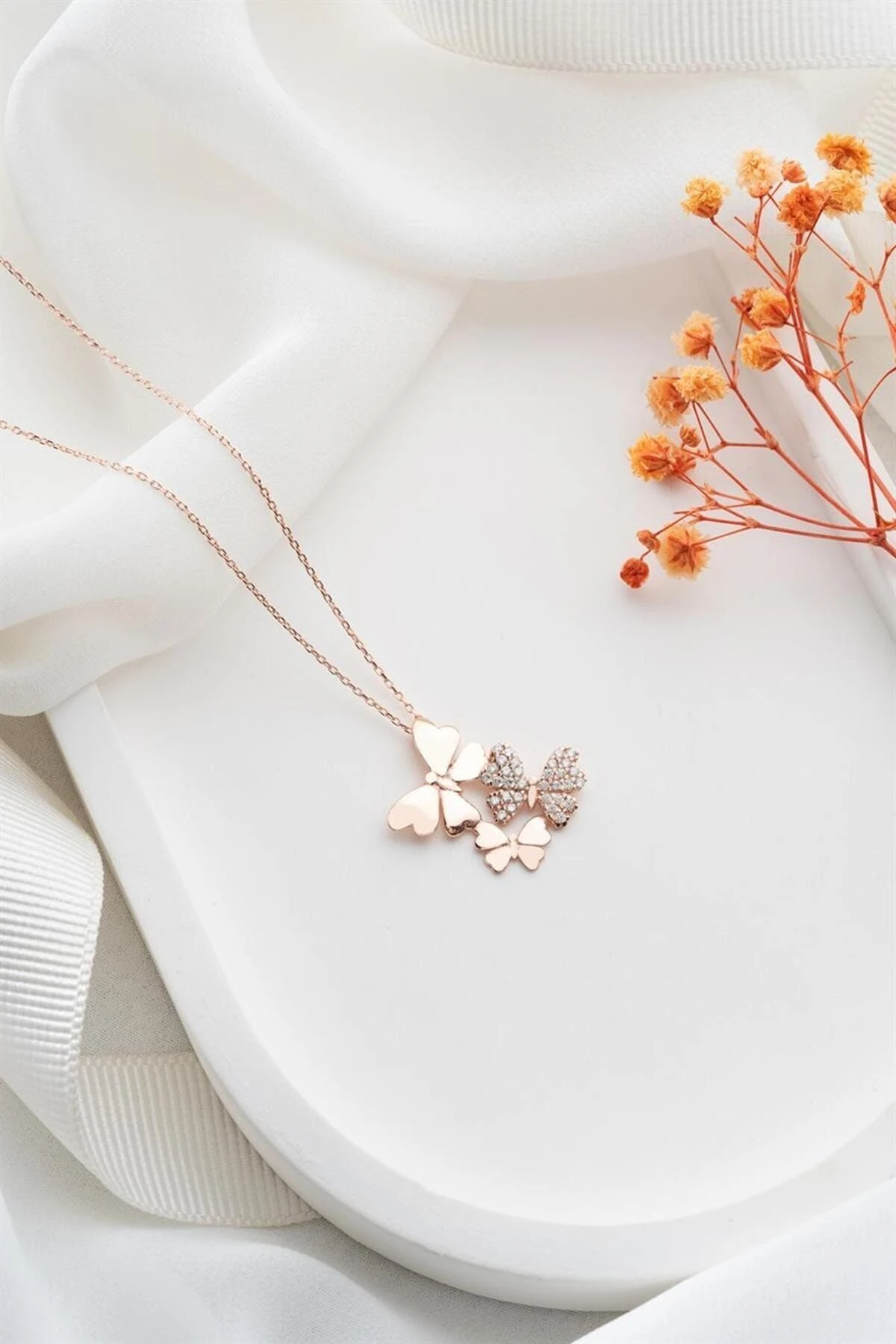 Rose Kelebek Gümüş Kolye