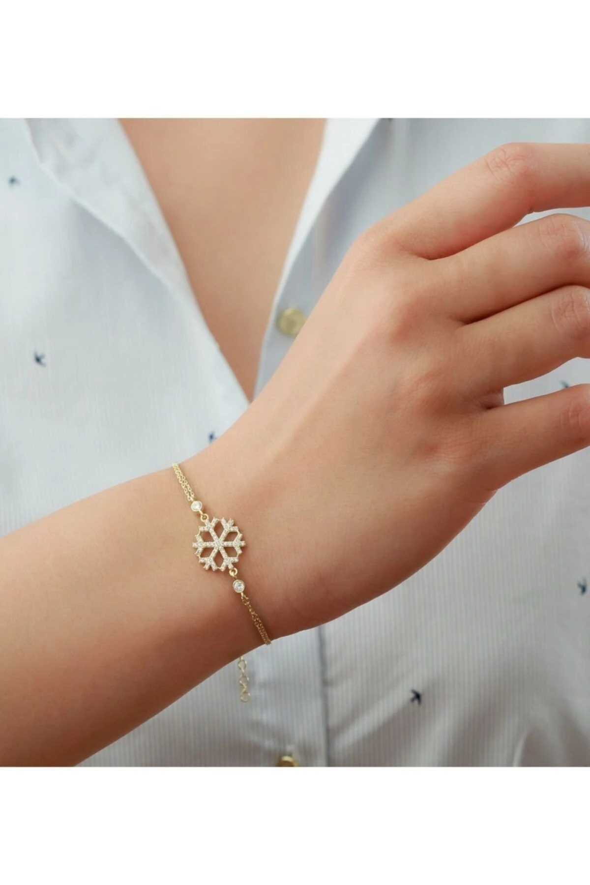 Gold Zirkon Taşlı Kar Tanesi Gümüş Bileklik