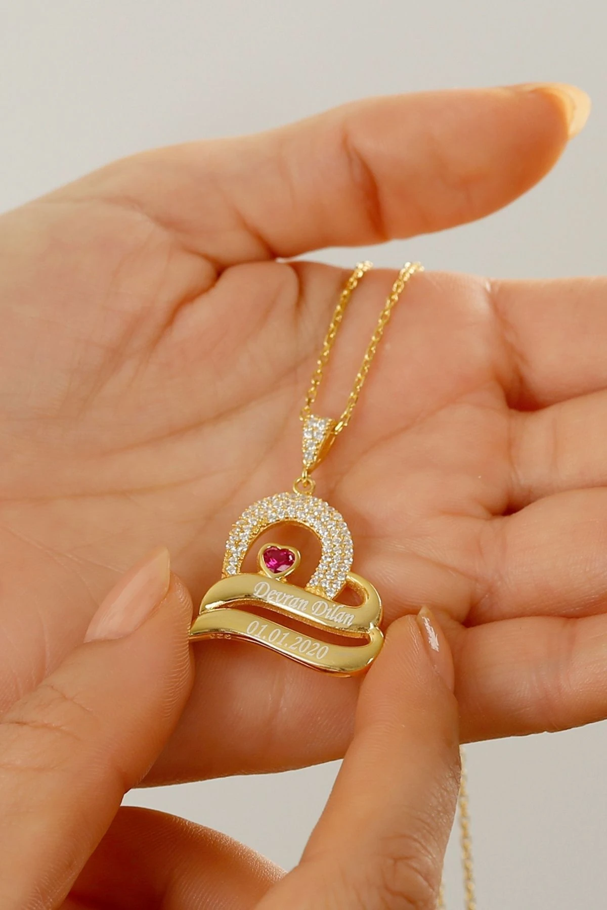 Gümüş Isimli Çift Şeritli Kalp Kolye