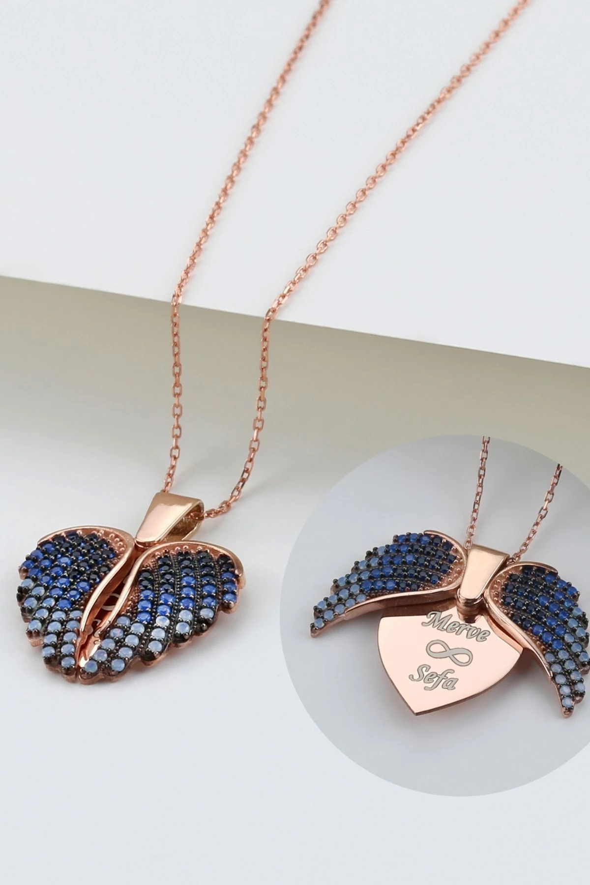 Gümüş Mavi Kanatlı Kalp Kolye