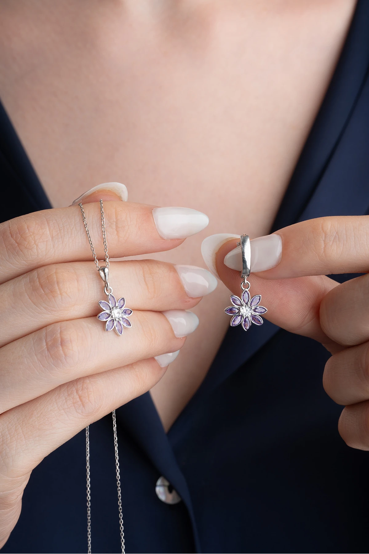 Gümüş Mor Taşlı Lotus Takı (Kolye-Küpe) Seti