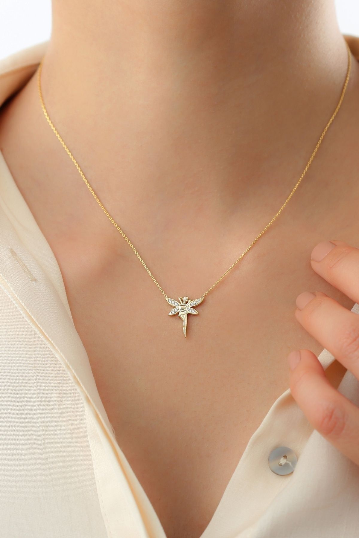 Gümüş Gold Kanatlı Peri Kız Kolye