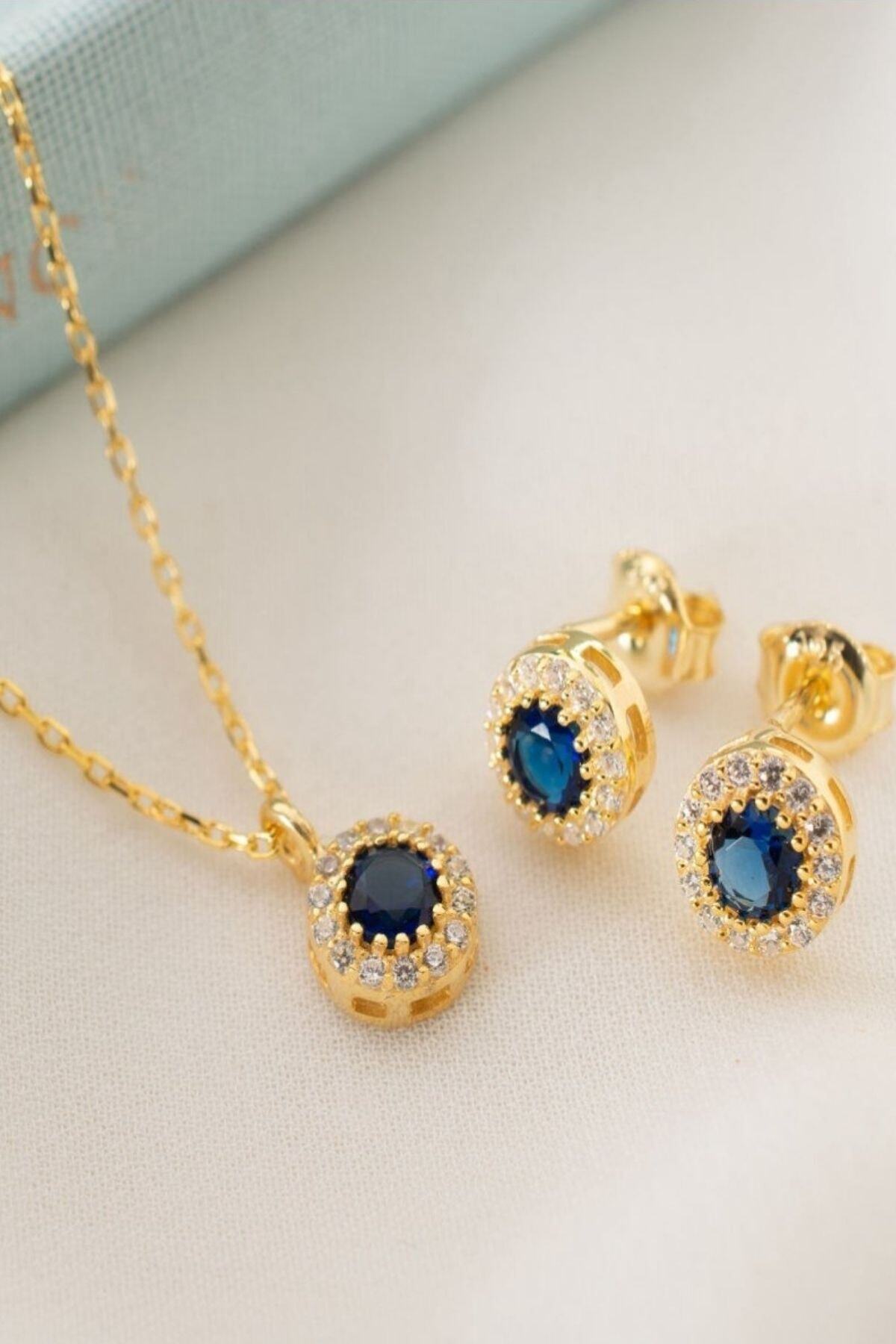 Gümüş Eylül Ayı Doğum Taşı ( Sapphire ) Kolye - Küpe Seti