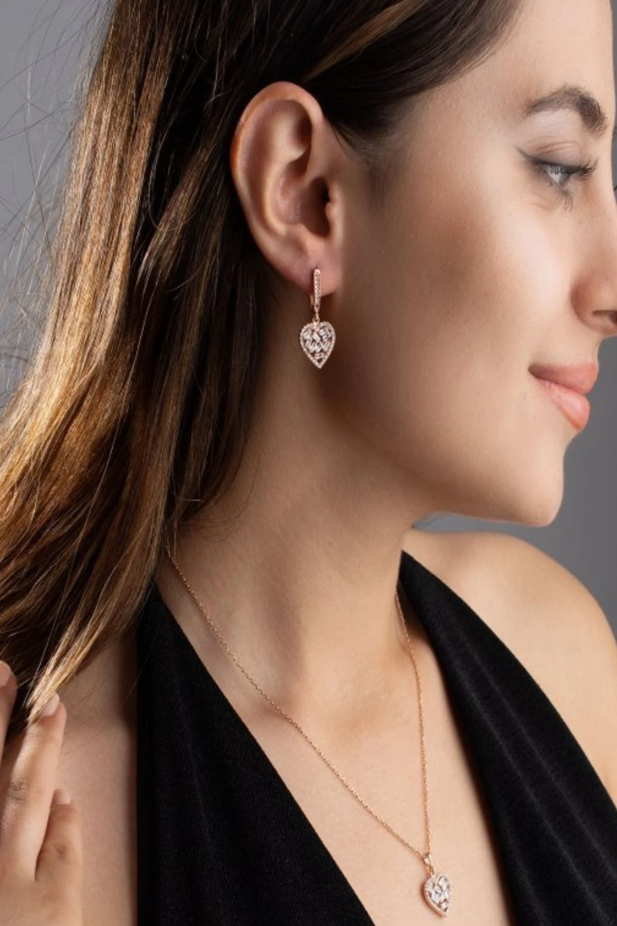 Gümüş Baget Taşlı Kalpli Kolye-Küpe Seti