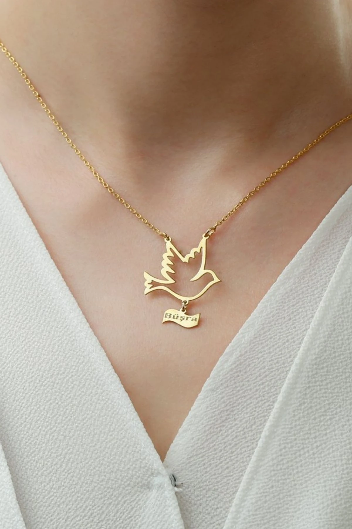 Gümüş Güvercin Kuş Silüetli Isimli Kolye