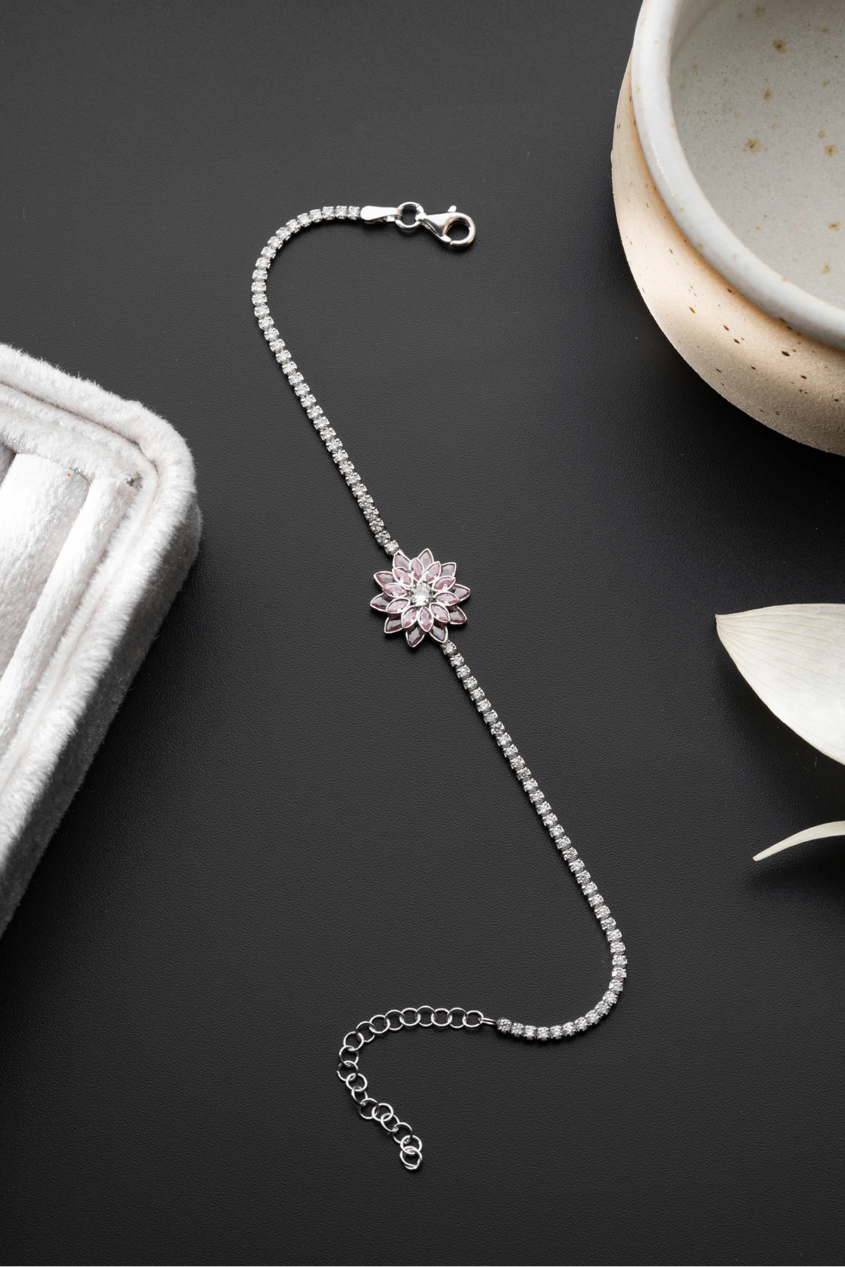 Gümüş Pembe Taşlı Lotus Su Yolu Bileklik