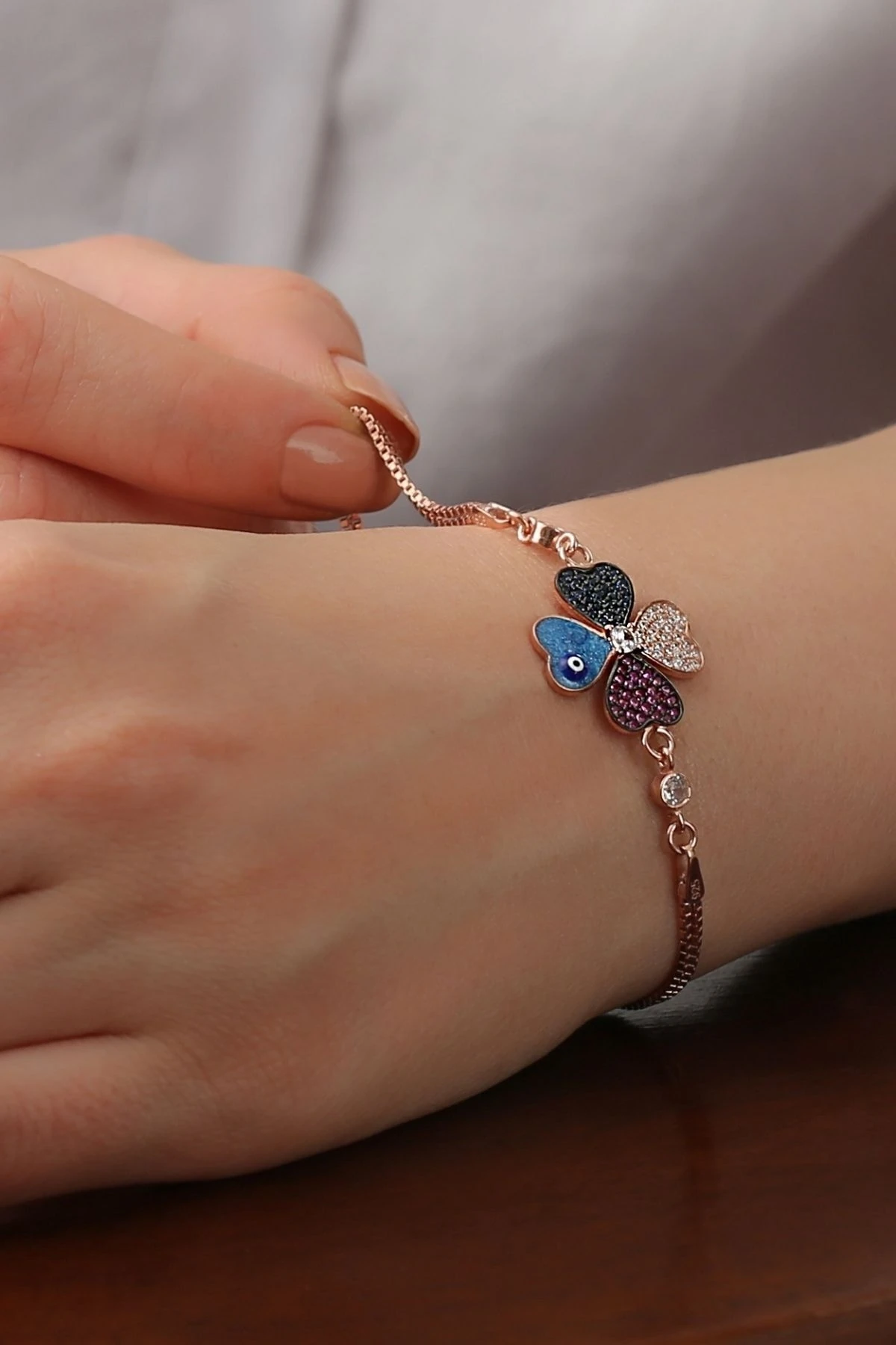 Rose Renkli Yonca Gümüş Bileklik