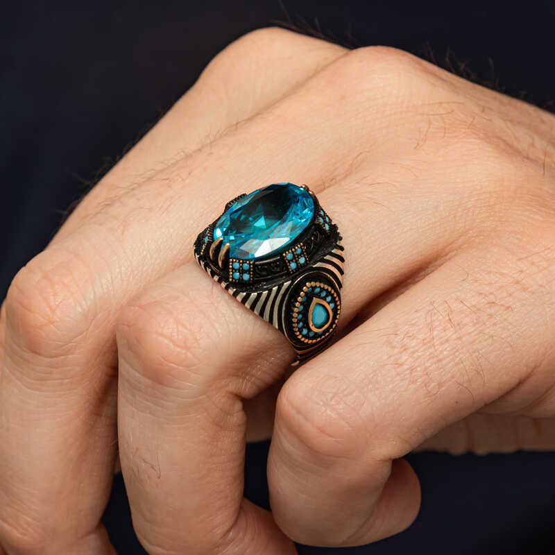 Gümüş Mavi Fasetli Taşlı Erkek Yüzük