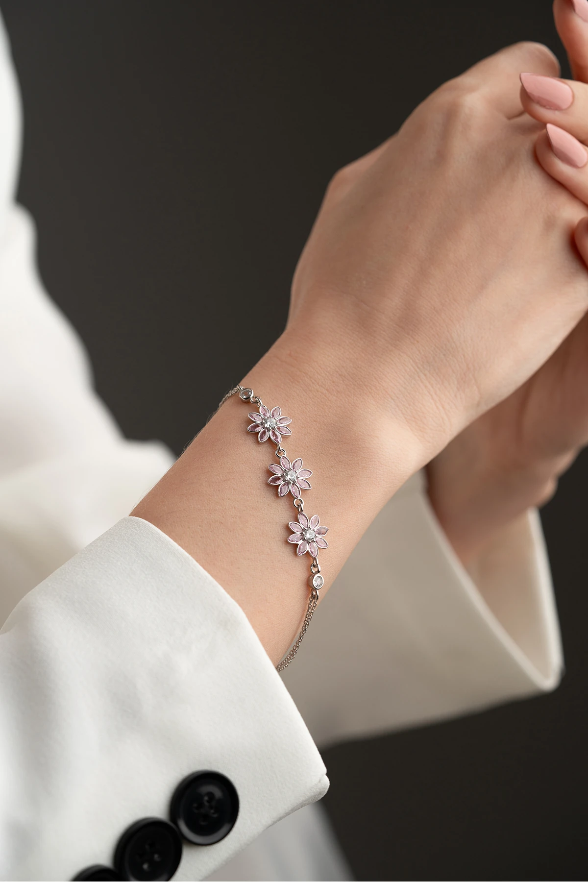 Gümüş Pembe Taşlı 3'lü Lotus Bileklik