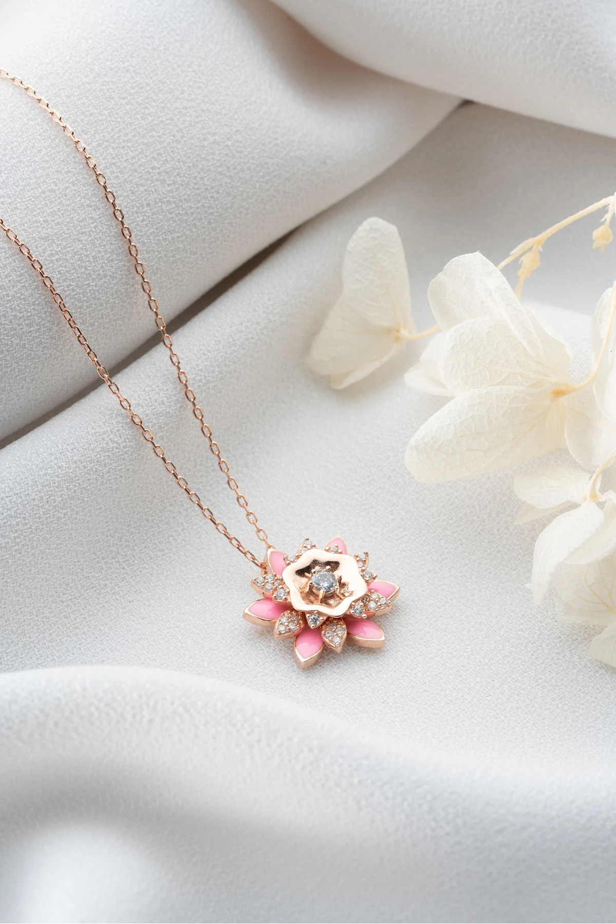 Gümüş Pembe Mineli Lotus Çiçeği Kolye