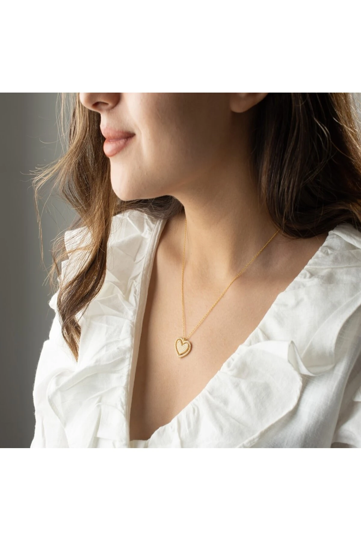 Gümüş Çift Taraflı Kalp Dönence Kolye