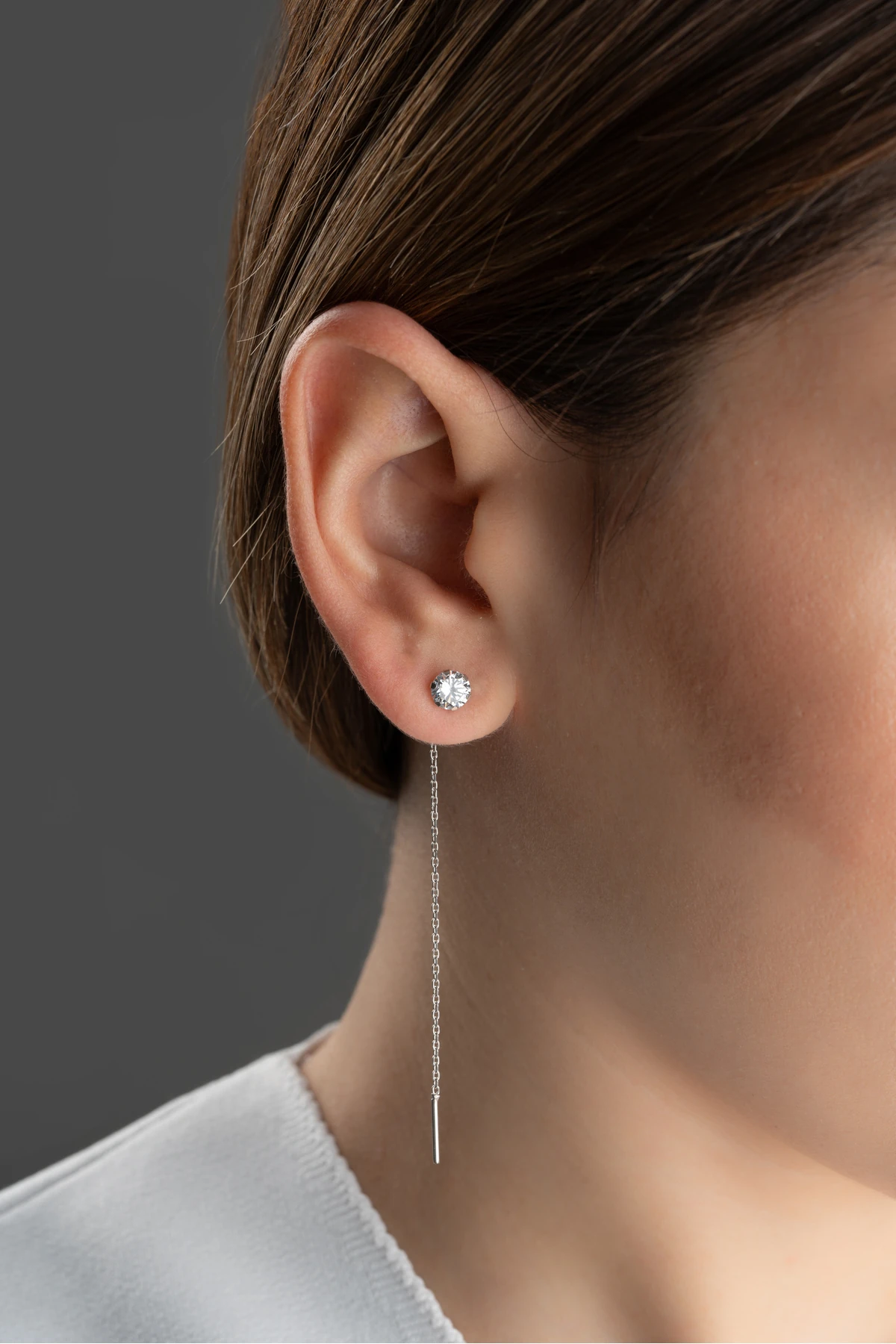 Gümüş Tektaşlı Zincir Küpe