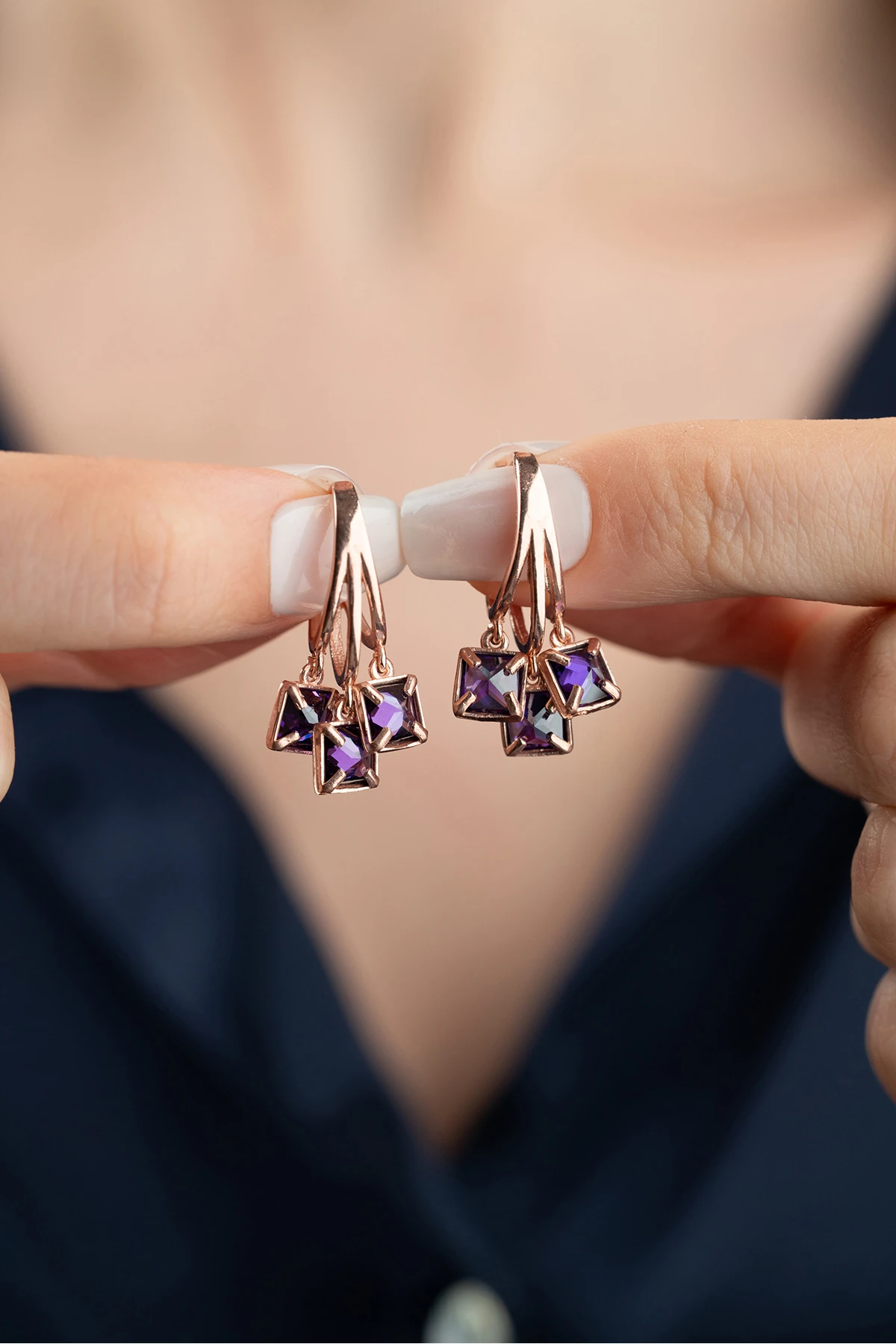 Gümüş Rose Mor Taşlı Küpe