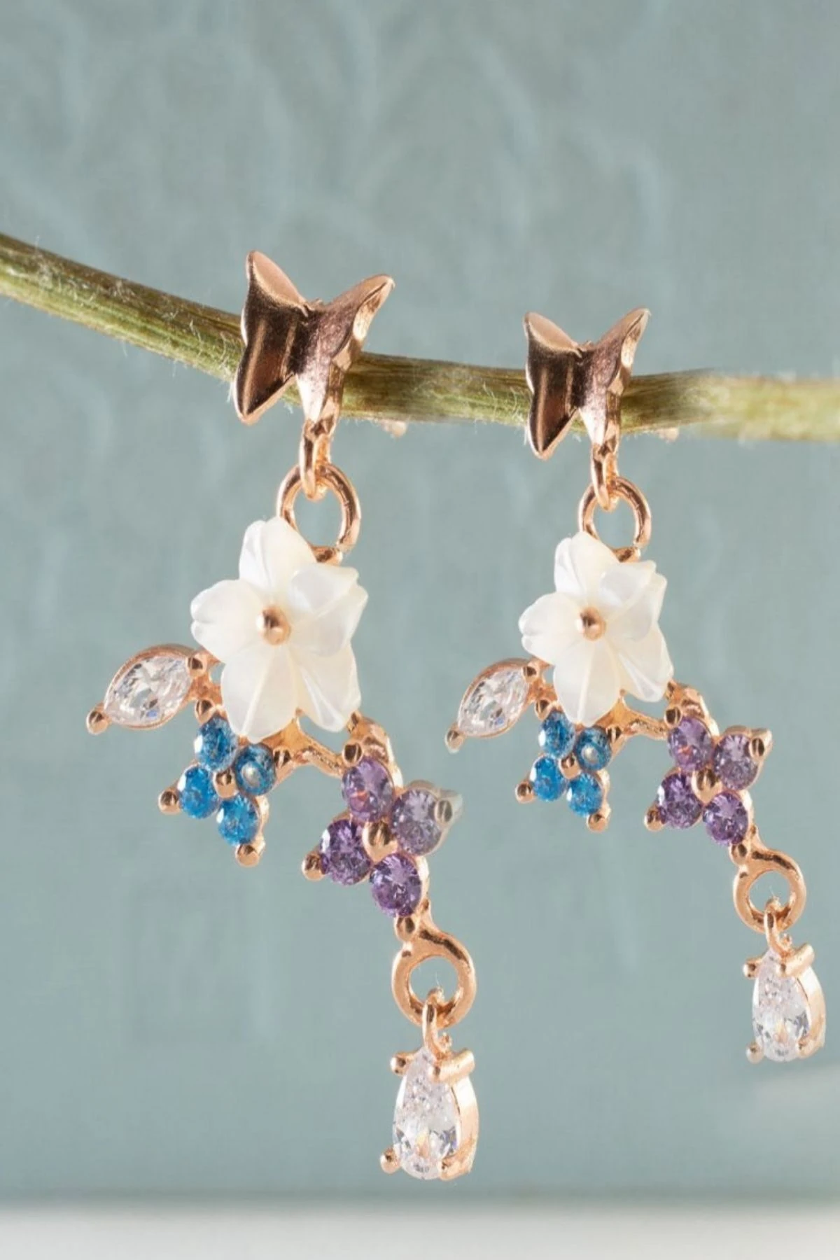 Rose Sedefli Renkli Gümüş Küpe