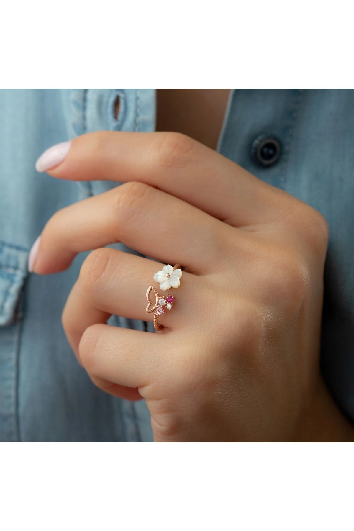 Rose Gümüş Kelebek Sedefli Yüzük