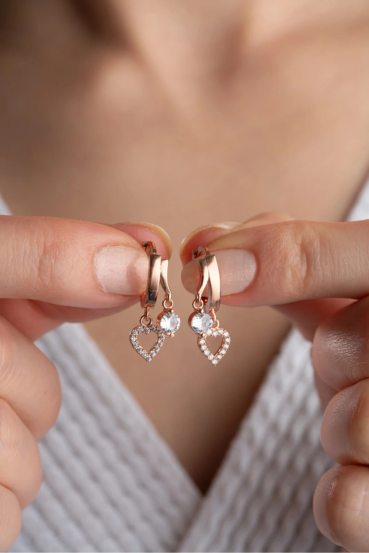 Gümüş Çift Kalp Taşlı Küpe