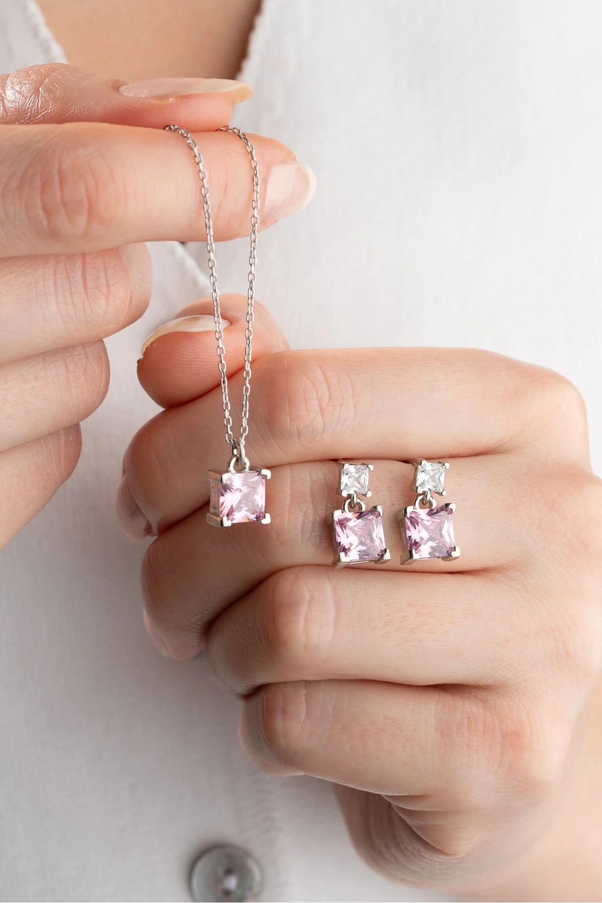 Gümüş Baget Taşlı Kolye Küpe Seti