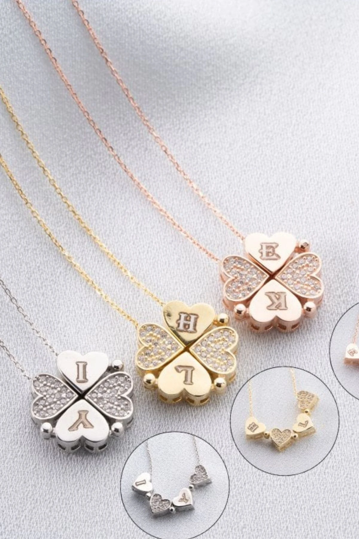 Gümüş Mıknatıslı Ayrılabilir 4 Kalpli Yonca Kolye