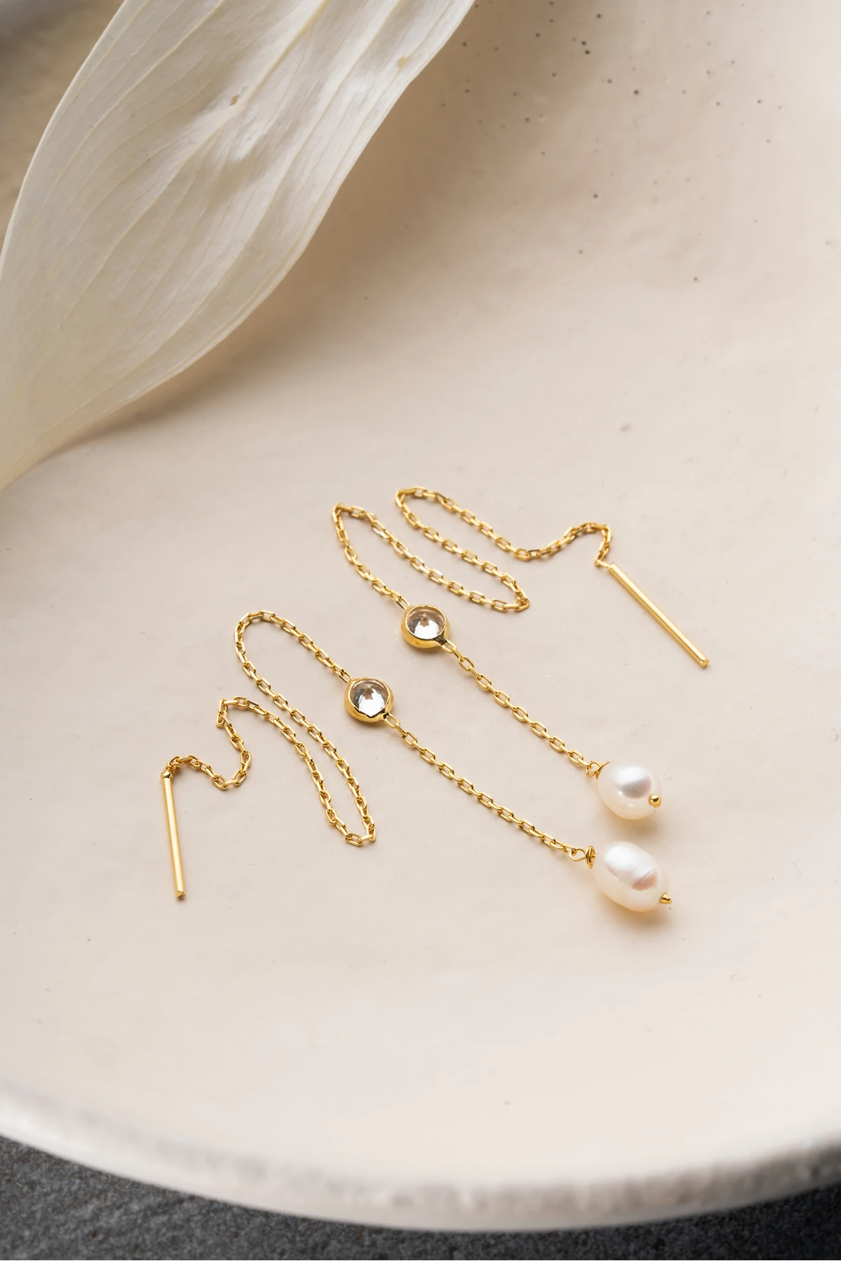 Gümüş İncili Taşlı Zincir Küpe