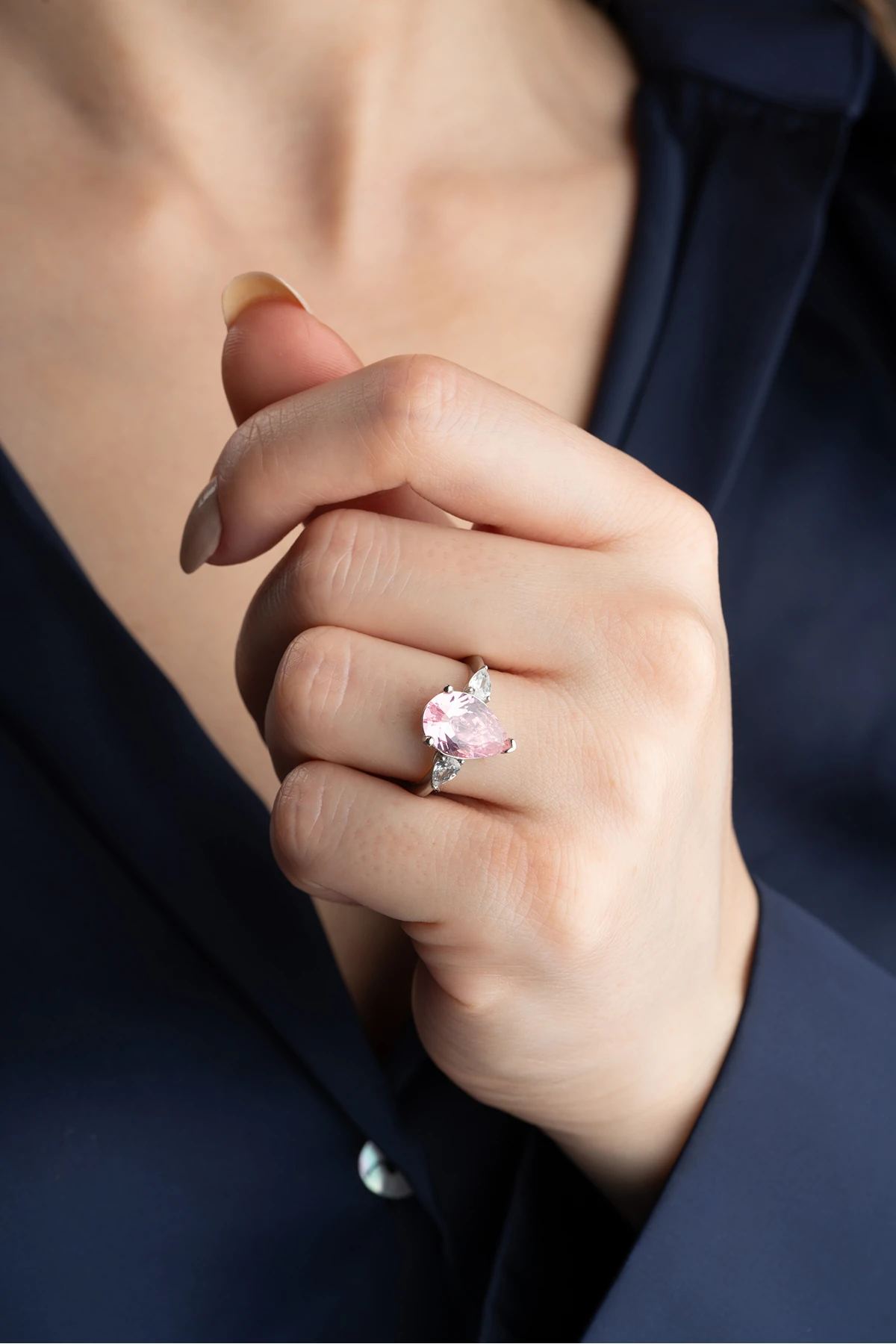 Gümüş Pembe Damla Taşlı Yüzük