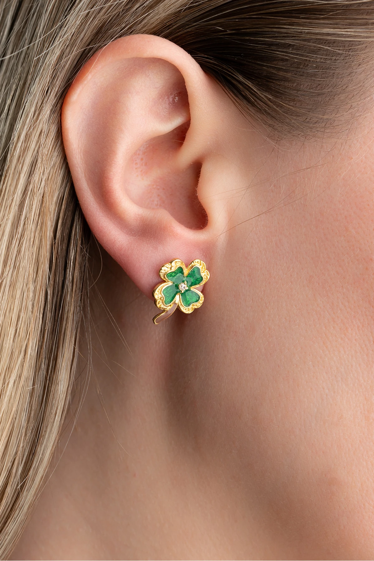 Gümüş Gold Mineli Yonca Küpe