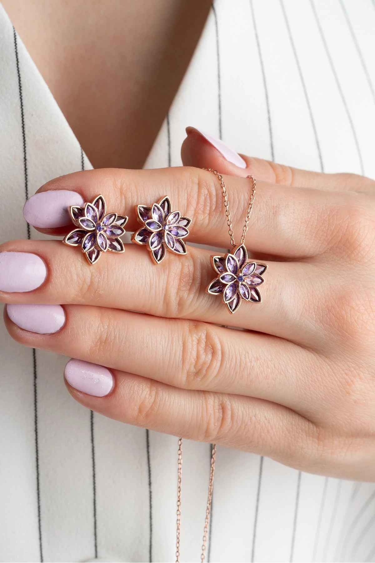 Lotus Çiçeği Gümüş Kolye Küpe Set