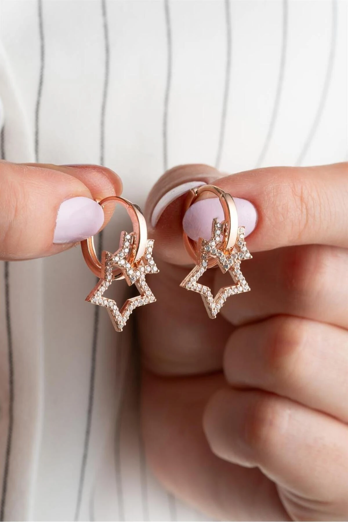 Rose Çift Yıldız Gümüş Küpe