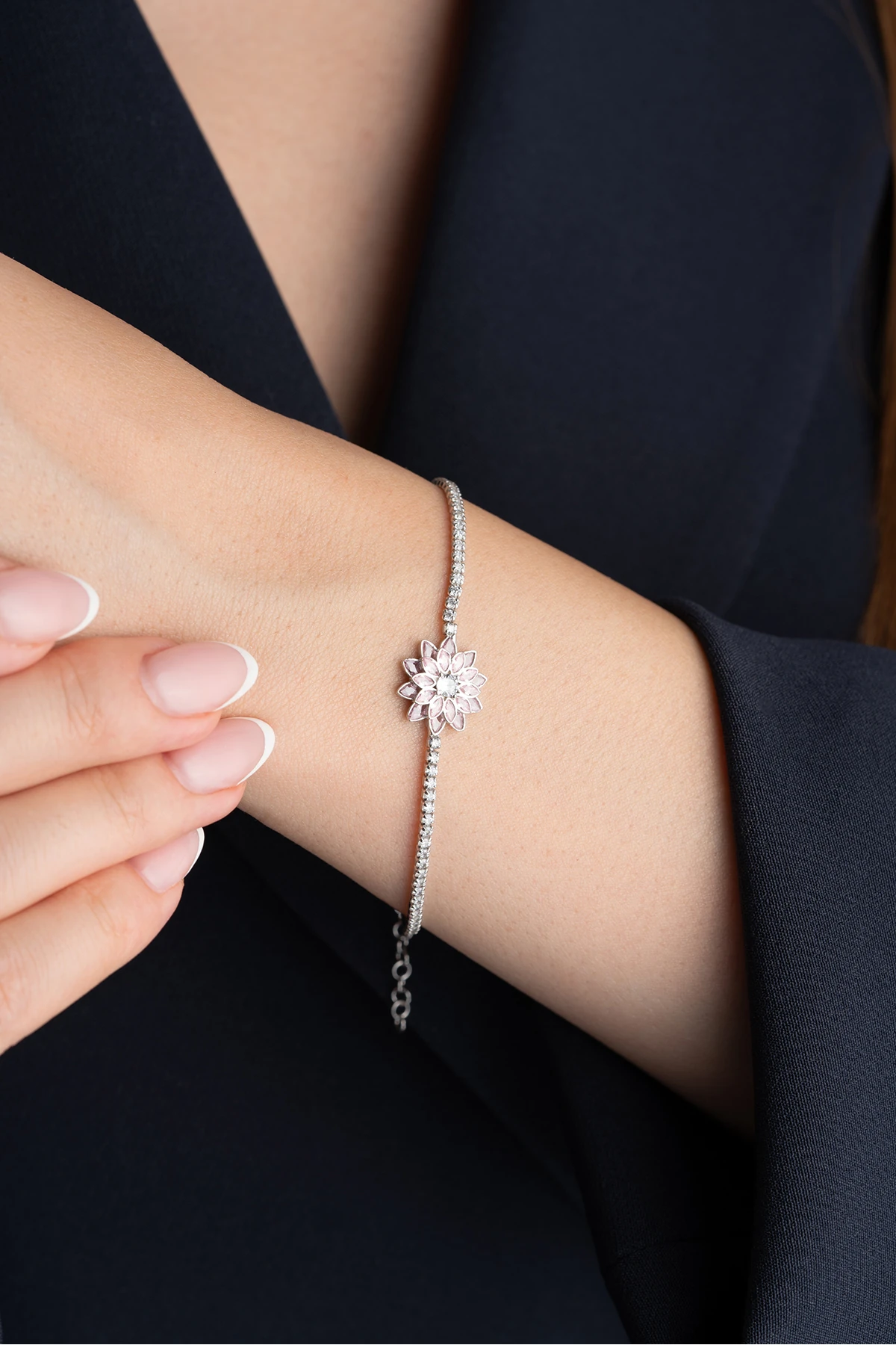 Gümüş Pembe Taşlı Lotus Su Yolu Bileklik