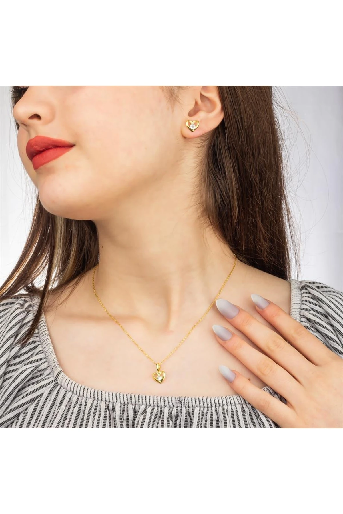 Gümüş Tektaş Kalpli Takı Seti