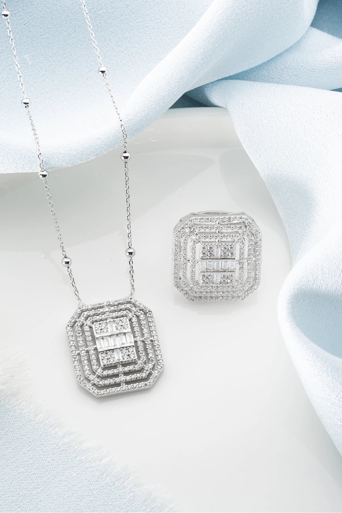 Gümüş Baget Taşlı (Kolye-Yüzük) Seti