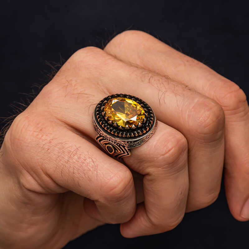 Gümüş Sarı Sitrin Zirkon Taşlı Desenli Erkek Yüzük