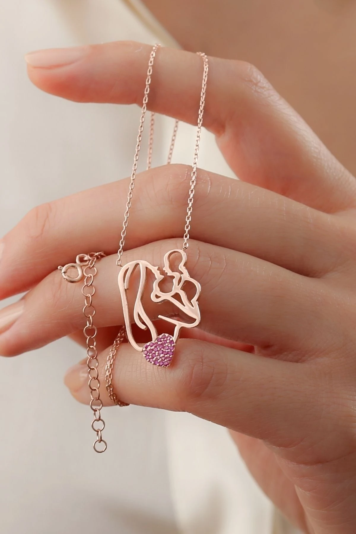 Kalpli Anne Bebek Rose Gümüş Kolye