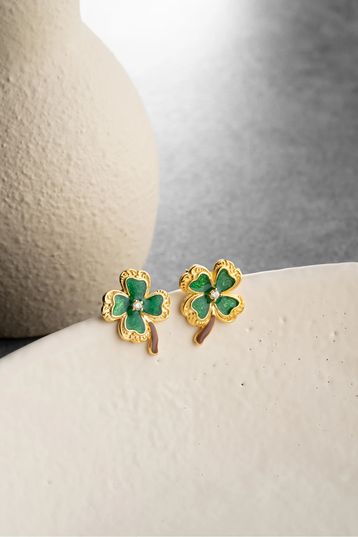 Gümüş Gold Mineli Yonca Küpe