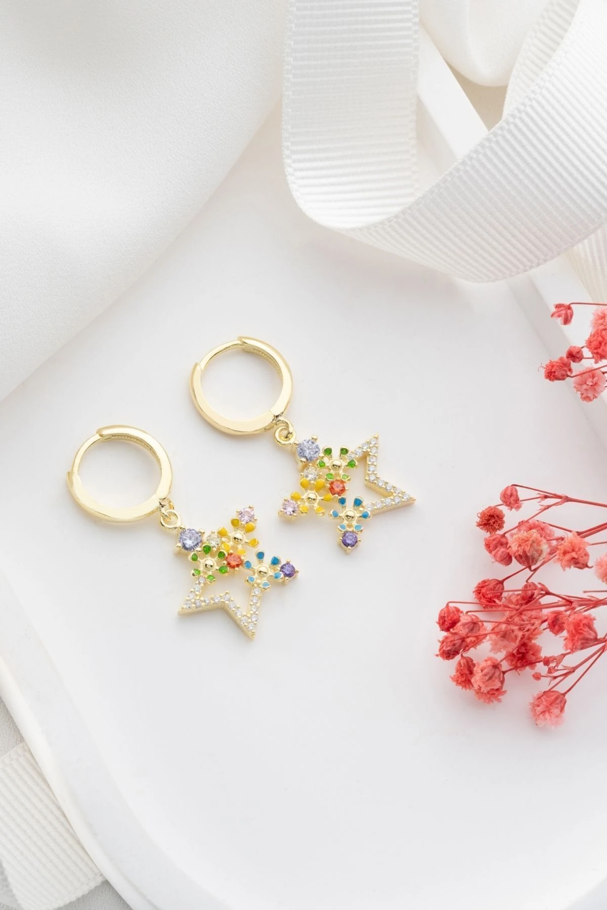 Gümüş Mix Taşlı Yıldız Küpe