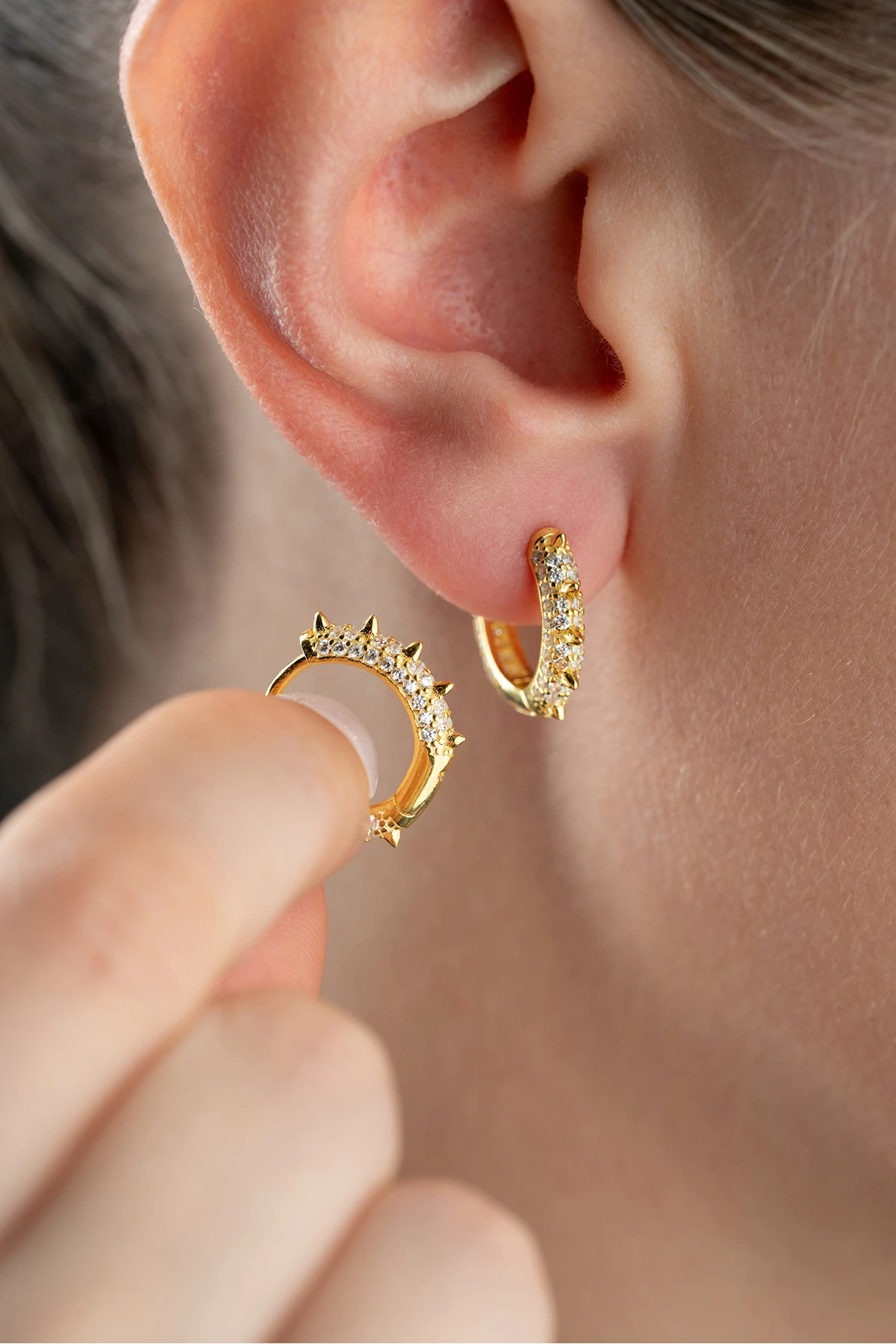 Gümüş Gold Zirkon Taşlı Halka Küpe